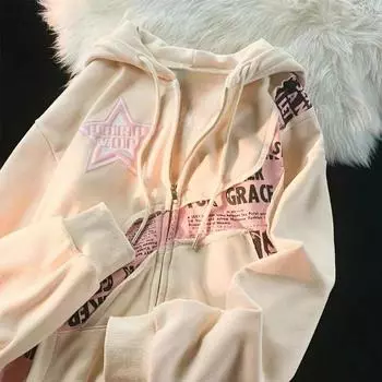 Y2K женская толстовка на молнии, новинка 2023 года, американская жареная уличная звезда, лоскутное кардиган с буквенным принтом, женское модное свободное пальто, топ S бежевый