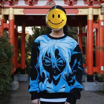 Y2K Женская толстовка с капюшоном в стиле аниме Harajuku с длинным рукавом и круглым вырезом в стиле ретро M небесно-голубой