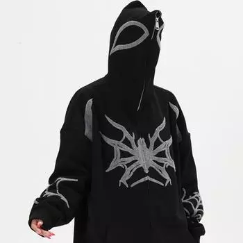 Y2K Женская уличная толстовка с капюшоном, вышитая куртка с капюшоном в стиле Харадзюку, большой внешний свитер в стиле хип-хоп на молнии S чёрный
