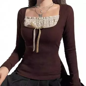 Y2k женские трикотажные топы с длинным рукавом, кружевная отделка, вырез, трикотаж, бант, облегающая футболка, пуловеры, клубная одежда S коричневый