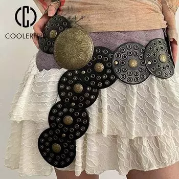 Y2K женский джинсовый ремень в стиле вестерн, металлический полый женский трендовый широкий пояс для платьев, женский винтажный персонализированный круглый ремень 100cm