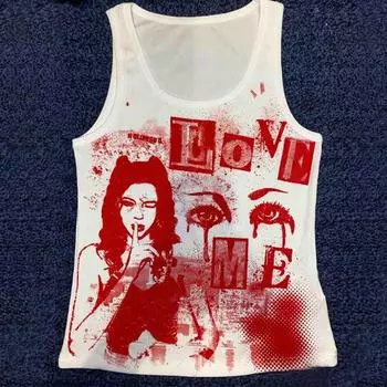 Y2K женский летний короткий повседневный жилет без рукавов с круглым вырезом и принтом в виде буквы I S белый