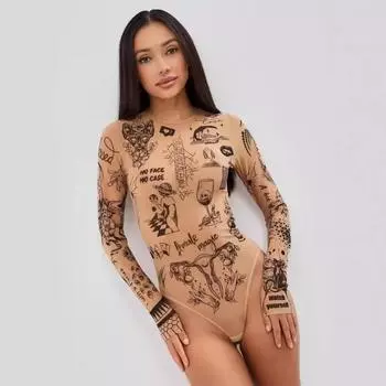 Y2K женский сексуальный сетчатый прозрачный набивной облегающий повседневный комбинезон с длинными рукавами и высокой талией S