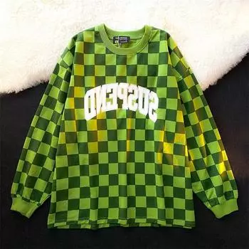 Y2K женский топ, свитер, клетчатая решетка, буквенный принт, топ с длинными рукавами, женский студенческий осенний свободный пуловер, футболка M красный