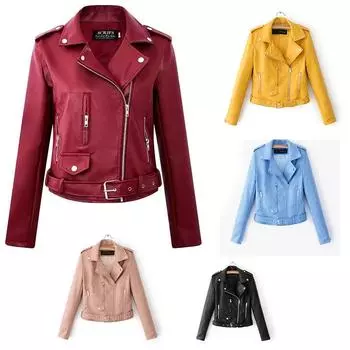 Y2k Женское пальто Осень Новые конфетные цвета Красивый Мотоциклетный ремень Мотоциклетные кожаные куртки S чёрный