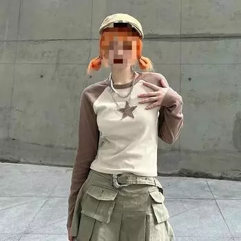 Y2K звезда наклейка уличная пикантная девушка личность топ контрастный цвет круглый вырез с длинными рукавами женская футболка S хаки