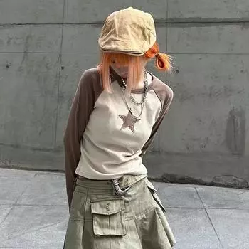 Y2K звезда наклейка уличная пикантная девушка личность топ контрастный цвет круглый вырез с длинными рукавами женская футболка S хаки