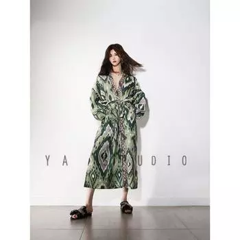Y32 Ins Coat Dress Abstract Diamond Plaid Belt Green L