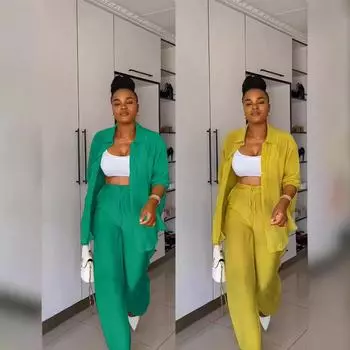 Y6020 Женский повседневный комплект из двух предметов в европейском и американском стиле: Рубашка с длинными рукавами и прямые брюки на весну и осень 2024 г. L зелёный