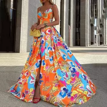 Y92842025 Летнее новое женское шифоновое платье с принтом, юбка в стиле бохо для отдыха S оранжевый