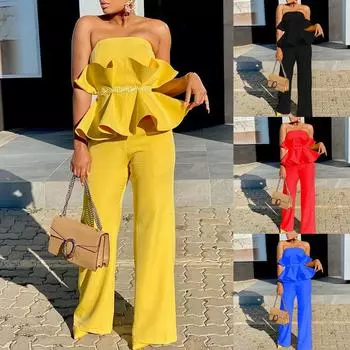 Y9292 2025 новый однотонный топ-труба элегантные широкие брюки с оборками по краю индивидуальность и комфорт S жёлтый