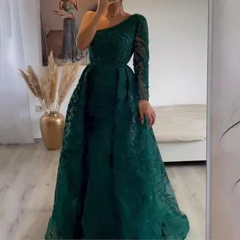 Y9360 2025 летняя новая женская одежда бисерное легкое роскошное платье с косыми плечами облегающее платье-рыбий хвост платье S зелёный