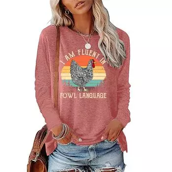 Я флуэни на языке птиц с забавным рисунком курицы, женские топы, женская универсальная футболка с длинным рукавом в стиле ретро S