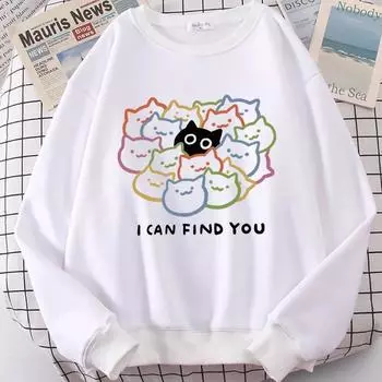 Я могу найти тебя Веселый кот Милый принт Мультфильмы Женские толстовки с капюшоном Осенняя модная одежда Толстовка с круглым вырезом Осенние флисовые пуловеры и длинные рукава для женщин S чёрный