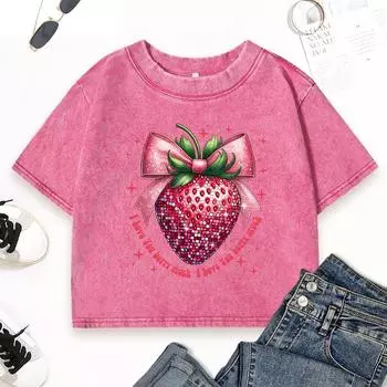 Я очень тебя люблю Принты с клубникой Женская выстиранная футболка Хлопковые футболки для фитнеса Y2K Летний кроп-топ Одежда M