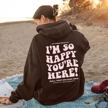 Я так рада, что ты здесь, европейский и американский новый модный плюшевый свитер с капюшоном и воротником сзади для женщин S коричневый