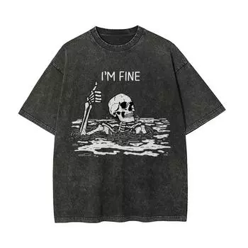 Я в порядке Письмо Принт черепа Женская специальная футболка Оверсайз Оверсайз Стирка Короткий рукав Унисекс Уличный тренд S