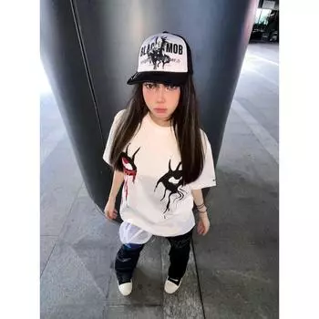 Yabi Style Summer Niche Style Couple Top T-shirt with Short Sleeves White S