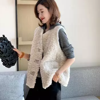 Ягненок плюшевый европейский вокзал осень и зима новые европейские товары одежда меховой интегрированный жилет короткое пальто M бежевый