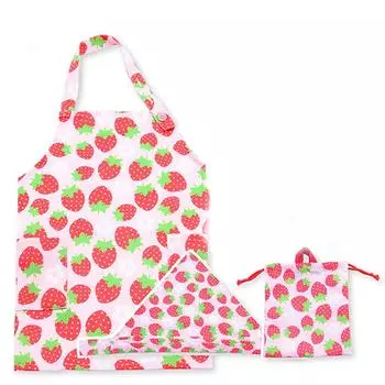 Yakusel Apron with Storage Set for Height Triangle Drawstring Cooking Strawberry and 50456 Bag, 3-Piece Children, 90-120cm, Scarf, Bag, Practice, M,