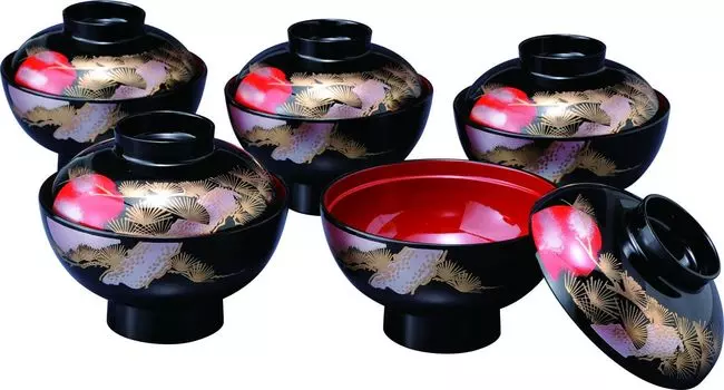 Yamaga Shikkiten Suimono Hinode Набор супа Kishu Nuri Новый Новый Zoni Bowl с крышкой Bowl, Crane, 5, Bowl, Black, Новогодние праздники, День года, (Хиноде