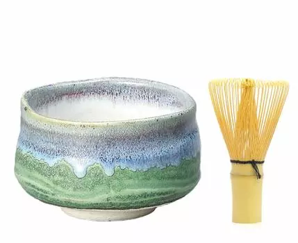 Yamaki Ikai Iguchi Deep Sea Matcha Tea Bowl Chasen Tsuneho Set