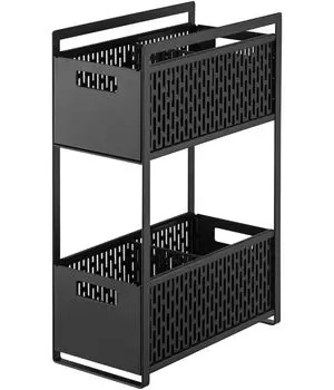Yamazaki Jitsugyo 5219 Под раковиной Хранение 2 W16 xx Башня Раздвижная Стеллаж Для Хранения С Корзиной Для Продуктов, Ярусы, Черный, Прибл.. Д32,5 В46см, чёрный
