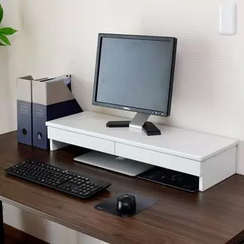 YAMAZEN Monitor 2 Drawers Clear File Computer Display Desktop Width 78 x Depth 26 x Height Finished Woody White Telework Stand, (A4 Compatible),