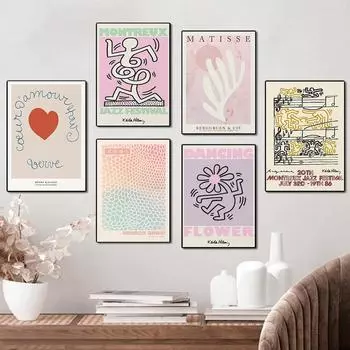 Яёи Кусама Анри Матисс Харинг Танцующий цветок Абстракция Винтаж Пастель Плакат Настенное искусство Холст Картина Картины Домашний декор 21x30cm No Framed