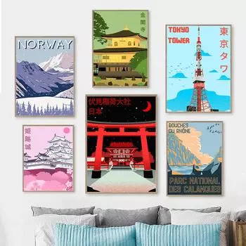 Япония абстрактный пейзаж замок Химэдзи Токио путешествия книги по искусству холст живопись Норвегия знаменитые достопримечательности плакат печать комната домашний декор 21x30cm No Framed