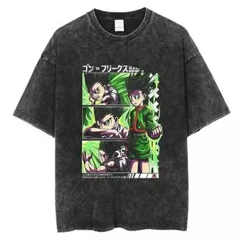 Япония Аниме Принт Оверсайз Хлопок Мужская Винтажная Футболка Уличная Одежда Харадзюку Черная Футболка с Коротким Рукавом Свободные Хлопковые Топы Футболки M