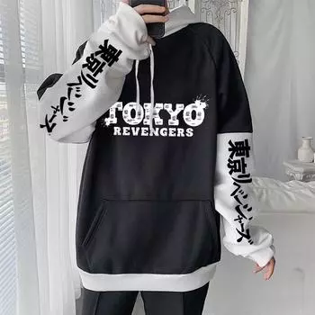 Япония Аниме Tokyo Revengers Письмо Печатные Толстовки Пуловеры Топы Классические Большие Размеры Мужчины Женщины Повседневные Лоскутные Толстовки С Капюшоном 4XL чёрный