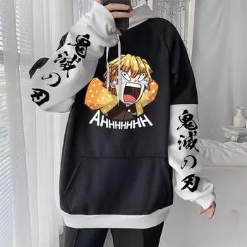 Япония Аниме Убийца Демонов Агацума Зеницу Забавный Принт С Капюшоном Мужские Женские Толстовки Kimetsu No Yaiba Свитшот Harajuku Уличная Одежда XS чёрный