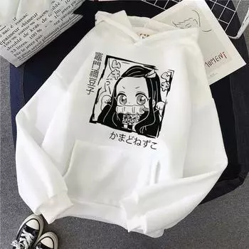 Япония Kawaii Kamado Nezuko Demon Slayer Аниме Толстовка Эстетика Белая одежда Harajuku Oversize Длинные рукава Толстовки с капюшоном XS белый