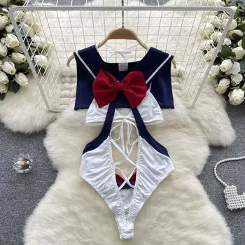 Япония Kawaii Выдалбливают Сексуальные Комбинезоны Женщины Лук Милый Опрятный Стиль Тонкий Комбинезон Женский Без Рукавов На Шнуровке Эротическое Белье Боди 2024 One Size