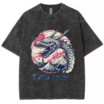Япония Токио Алфавит Принт Дракона Женская Стирка Футболка Хлопок Свободный Большой Размер Унисекс Половина Рукава Винтаж Нишевый Топ S