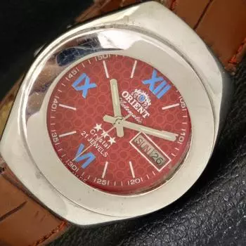 ЯПОНИЯ МУЖСКИЕ ЧАСЫ ORIENT CRYSTAL 46941 АВТОМАТИЧЕСКИЕ ДЕНЬ И ДАТА КРАСНЫЙ ЦИФЕРБЛАТ a431943-2 R109-a431943