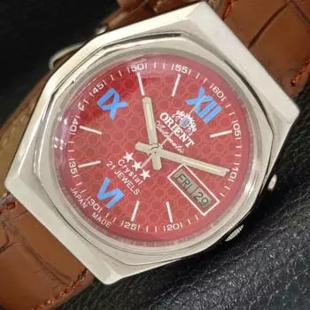 ЯПОНИЯ МУЖСКИЕ ЧАСЫ ORIENT CRYSTAL 46941 АВТОМАТИЧЕСКИЕ ДЕНЬ И ДАТА КРАСНЫЙ ЦИФЕРБЛАТ a431938-2 R109-a431938