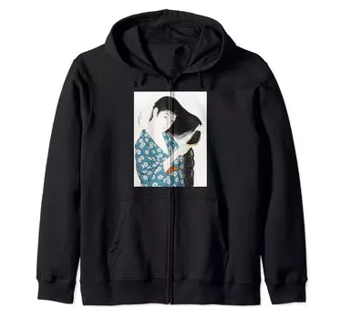 Японка в кимоно расчесывает волосы Гойо Хашигучи Женщина расчесывает волосы Толстовка с капюшоном на молнии Укиё-э чёрный