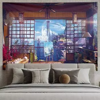 Японская эстетичная кабина в стиле ins, фоновая ткань, украшение комнаты, подвесная ткань, прикроватная настенная ткань в общежитии, аниме, гобелен 100x75cm