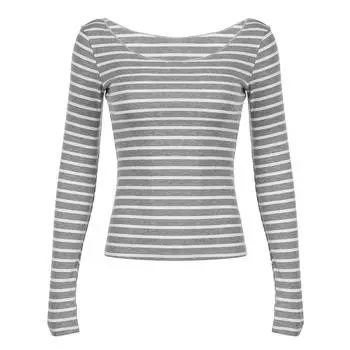 Японская базовая тонкая футболка в полоску с длинным рукавом и открытыми плечами, с круглым вырезом, в корейском уличном стиле, весна-осень, серая футболка Y2K для женщин S серый