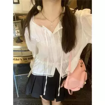 Японская блузка Kawaii, женская дизайнерская новая кружевная милая одежда, женская повседневная корейская модная дизайнерская рубашка на пуговицах, милые рубашки 2024 S белый