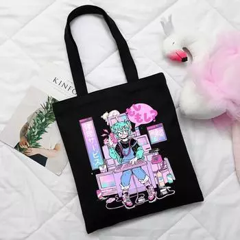 Японская черная аниме-сумка E-girl с милым мультяшным принтом Ulzzang, дизайнерская винтажная холщовая сумка, сумка-шоппер в стиле готик-панк, женская сумка Y2K 24*26cm