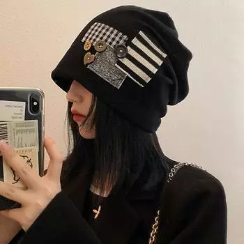 Японская черная куча шляпа женская весна осень холодная шляпа онлайн знаменитость полосатый патч дизайн Sense Face маленькая большая шляпа One Size чёрный