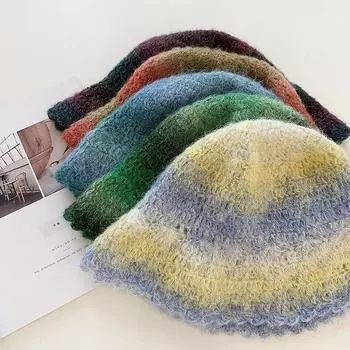 Японская цветная градиентная вязаная шерстяная шапка для женщин на осень и зиму, теплая и модная рыбацкая шапка-тазик 56-58CM зелёный