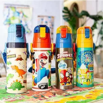 Японская детская студенческая изолированная чашка, прямая чашка для питьевой воды, нержавеющая сталь 304, мультяшная бутылка с задним ремешком, 470 мл 470ml