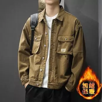 Японская джинсовая куртка с несколькими карманами, мужская, американская, ретро, в горном стиле, красивая, бархатная, повседневная куртка M жёлтый