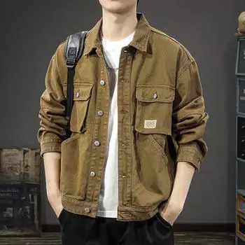Японская джинсовая куртка с несколькими карманами, мужская, американская, ретро, в горном стиле, красивая, бархатная, повседневная куртка M кофейный
