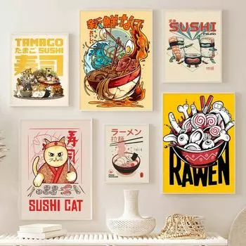 Японская еда настенные художественные принты забавная лапша рамен постер кухня суши искусство холст картины для гостиной домашний декор 21x30cm No Frame