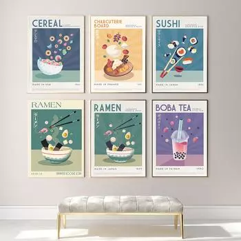 Японская еда, настенные художественные принты, забавные рамэн, суши, боба, чай, хлопья, рыба, соевый соус, постер, кухонный художественный холст, картина, декор A4 21x30cm No Frame